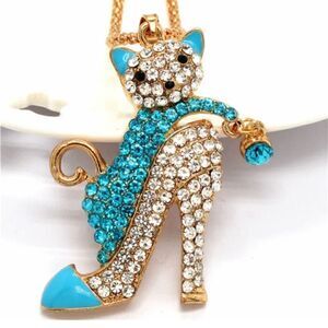 Blue and white Cat High Heels Crystal Pendant Necklace NWOT